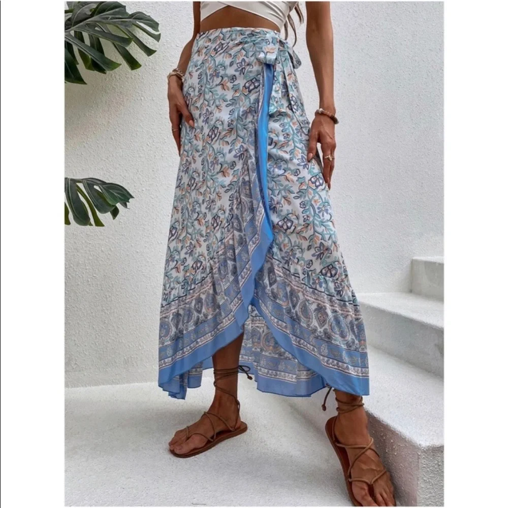 Boho Blue Floral Print Ruffle Wrap Maxi Skirt - Picture 2 of 11